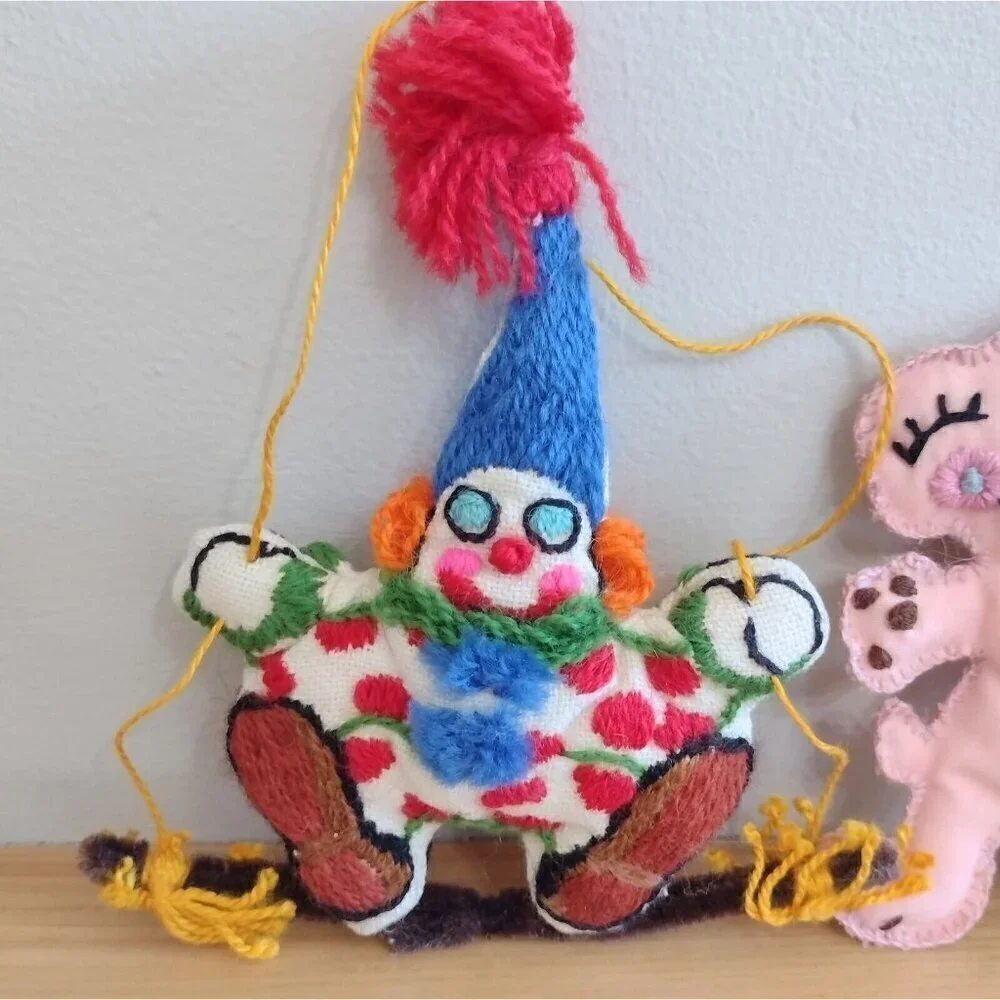 Vintage (3) Handmade Hand Stitched Stuffed Christmas Ornaments Crewel Clown Bear